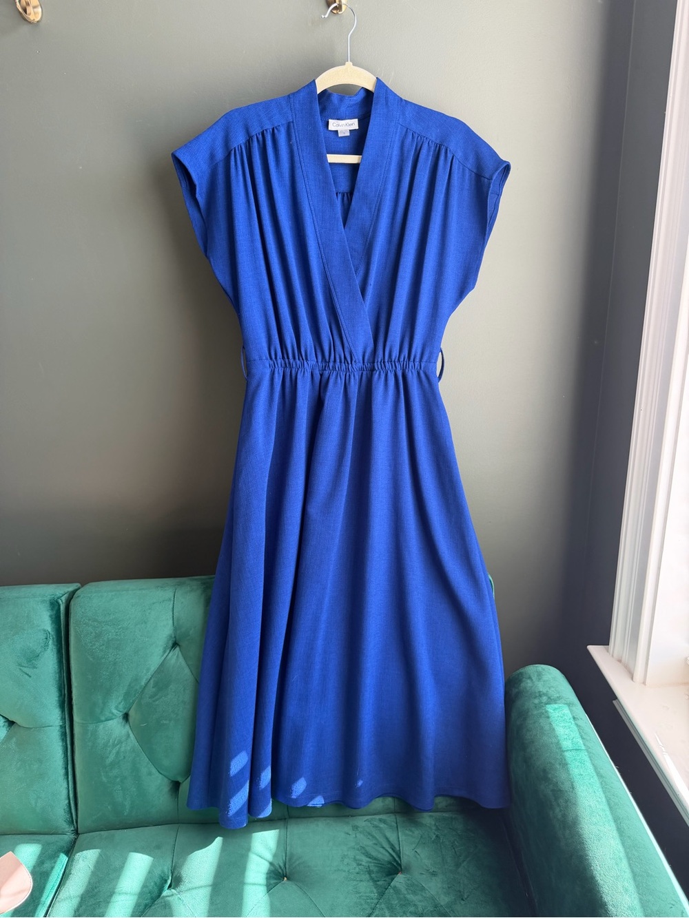 Calvin Klein Blue V-Neck Elastic Waist Midi Dress